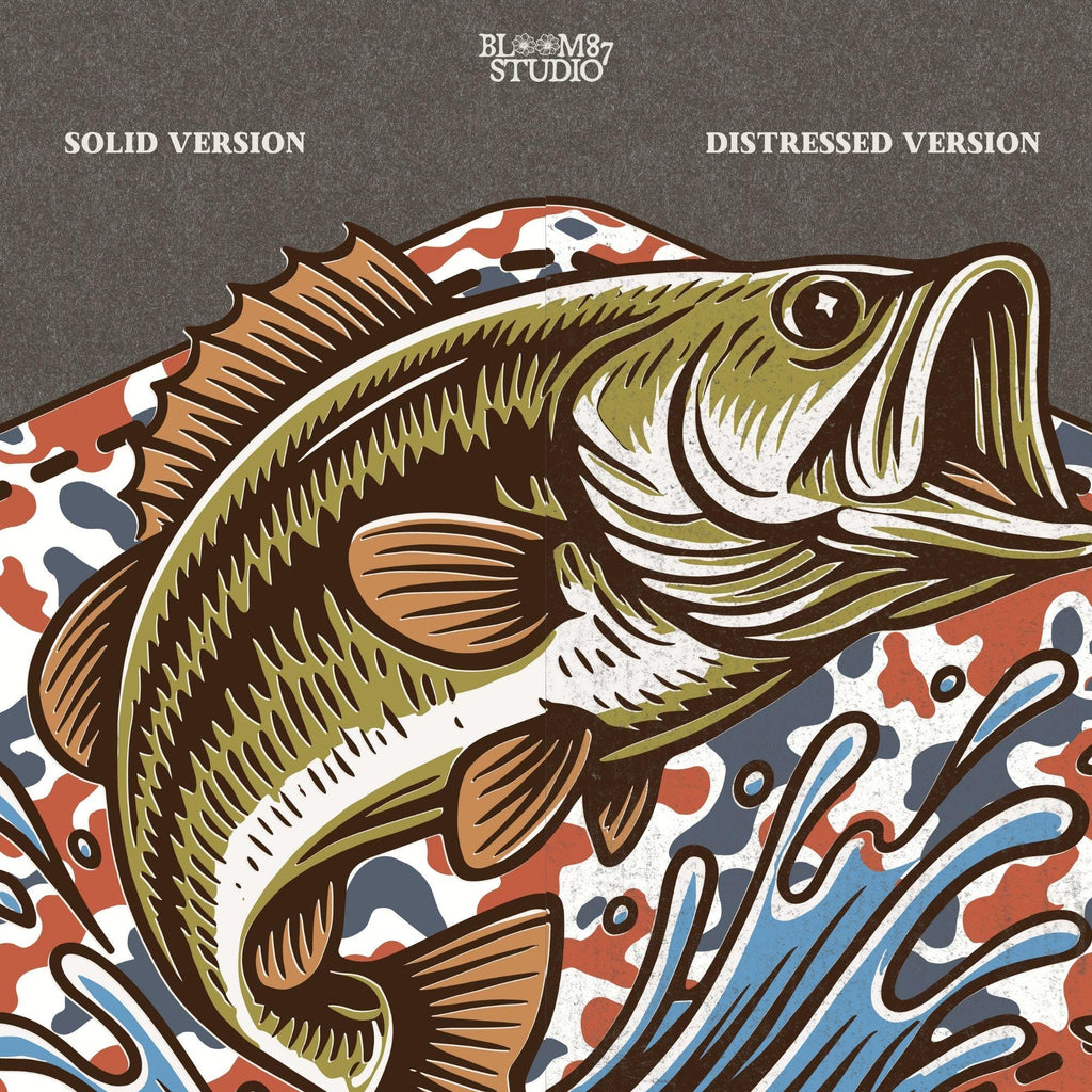 Illustration of a largemouth bass jumping from water with a red white and blue camo background, perfect for fishing-themed patriotic designs