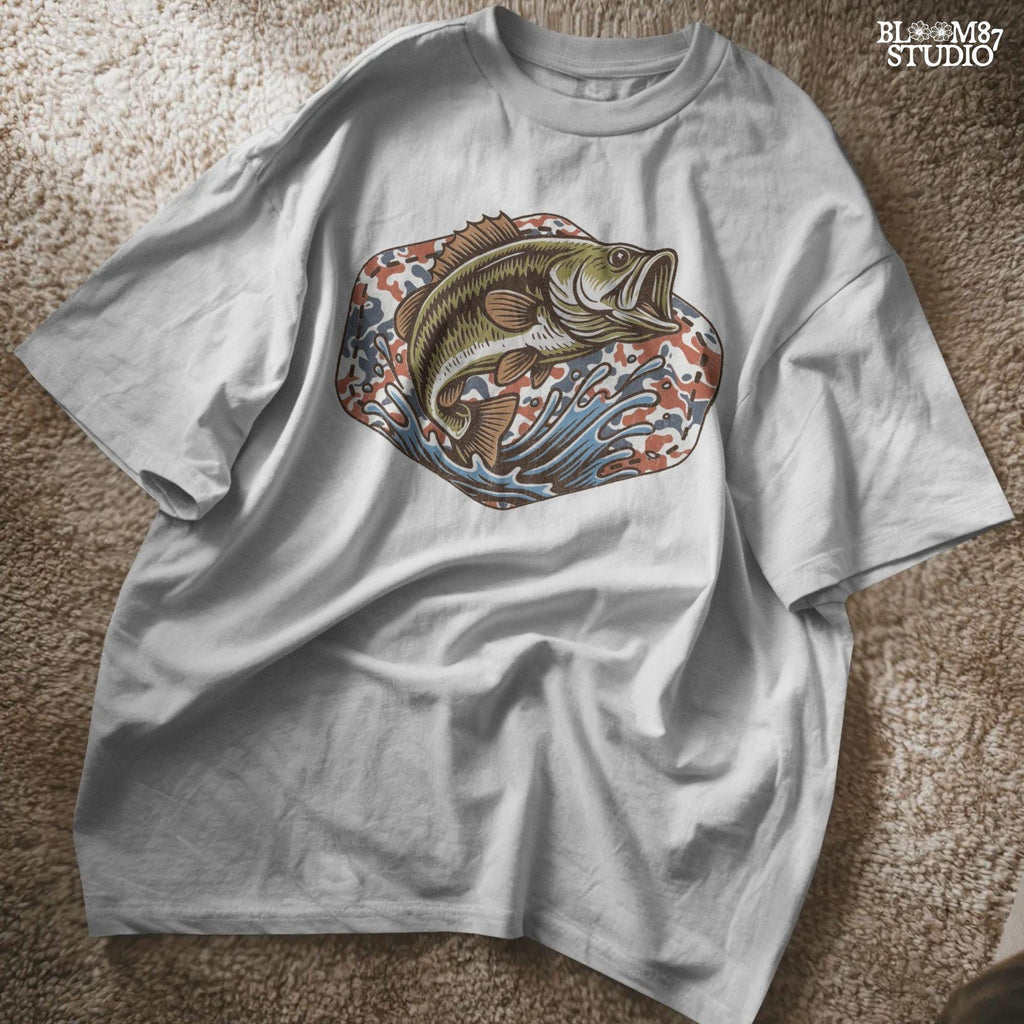 Illustration of a largemouth bass jumping from water with a red white and blue camo background, perfect for fishing-themed patriotic designs