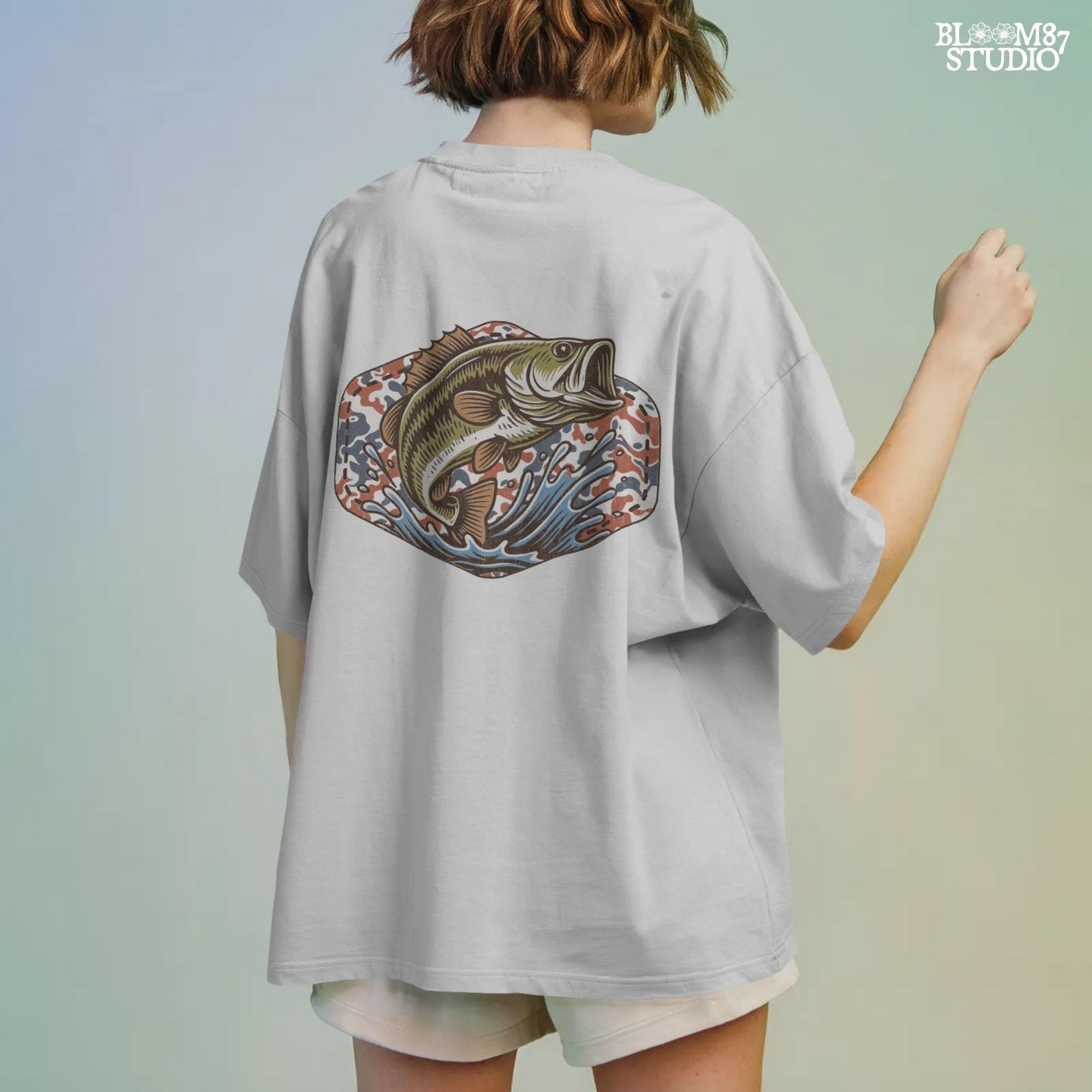 Illustration of a largemouth bass jumping from water with a red white and blue camo background, perfect for fishing-themed patriotic designs