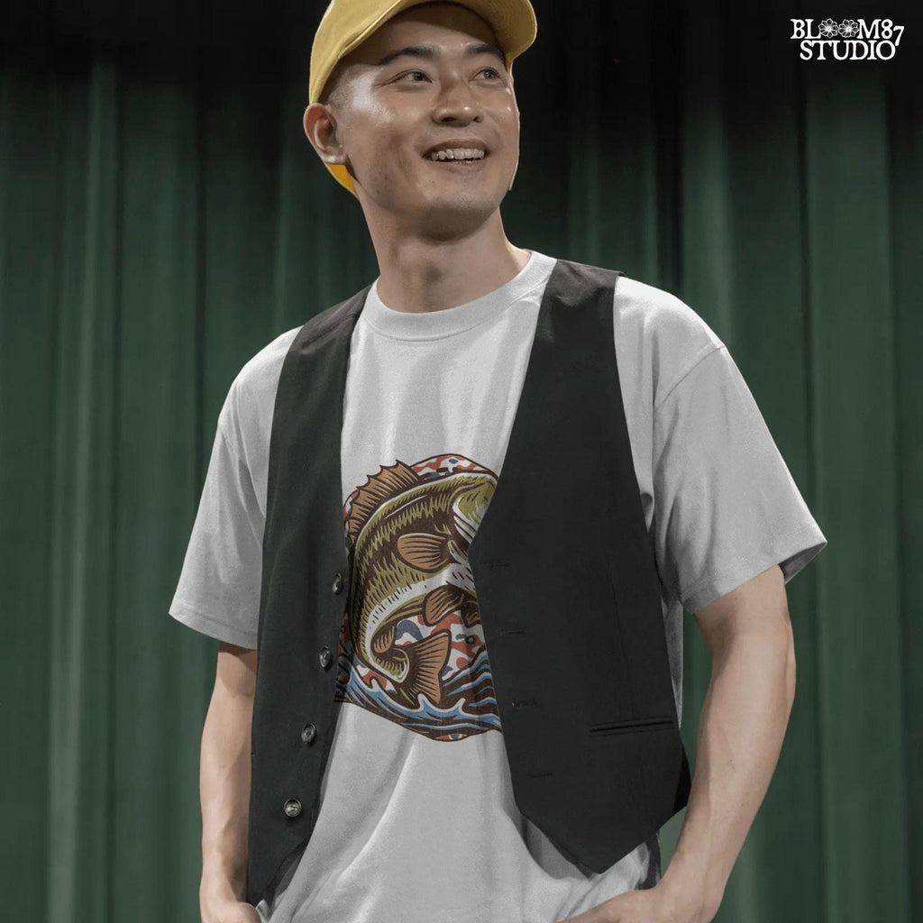 Illustration of a largemouth bass jumping from water with a red white and blue camo background, perfect for fishing-themed patriotic designs