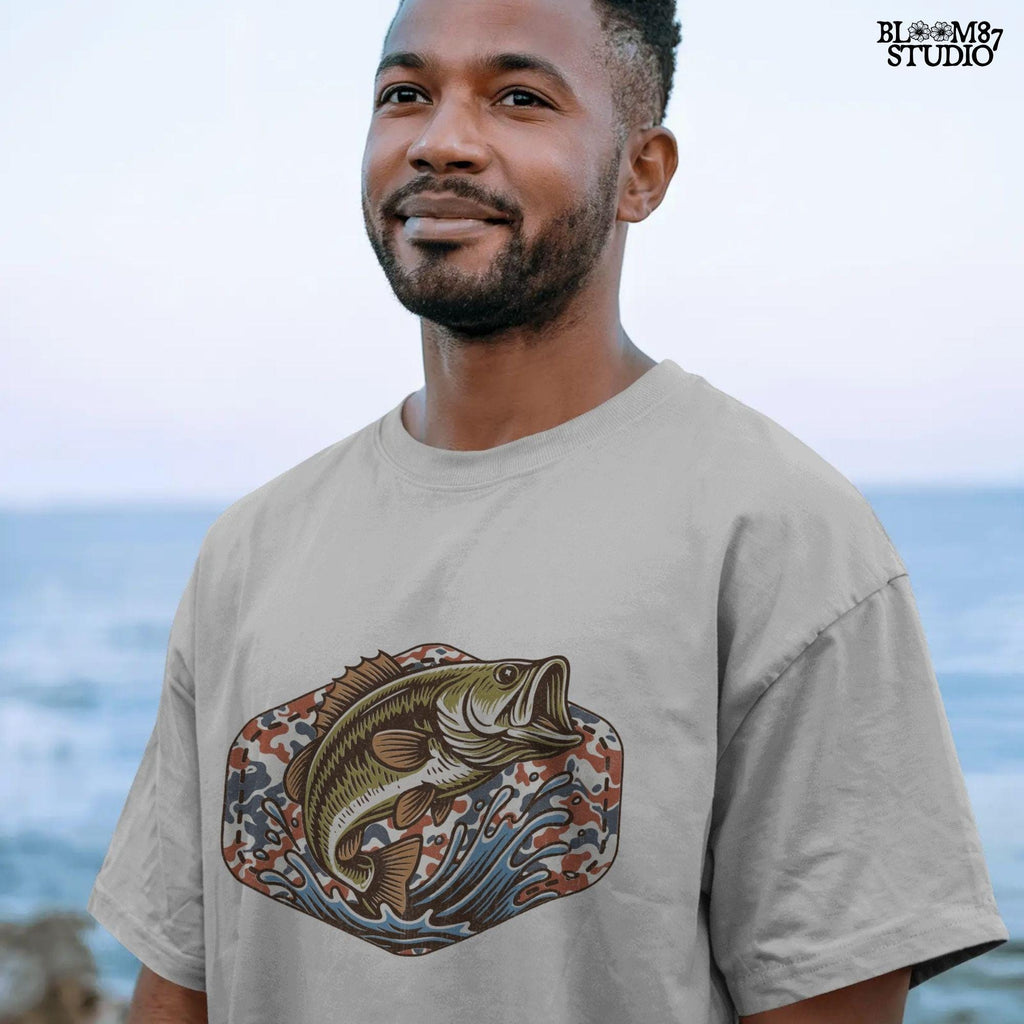 Illustration of a largemouth bass jumping from water with a red white and blue camo background, perfect for fishing-themed patriotic designs