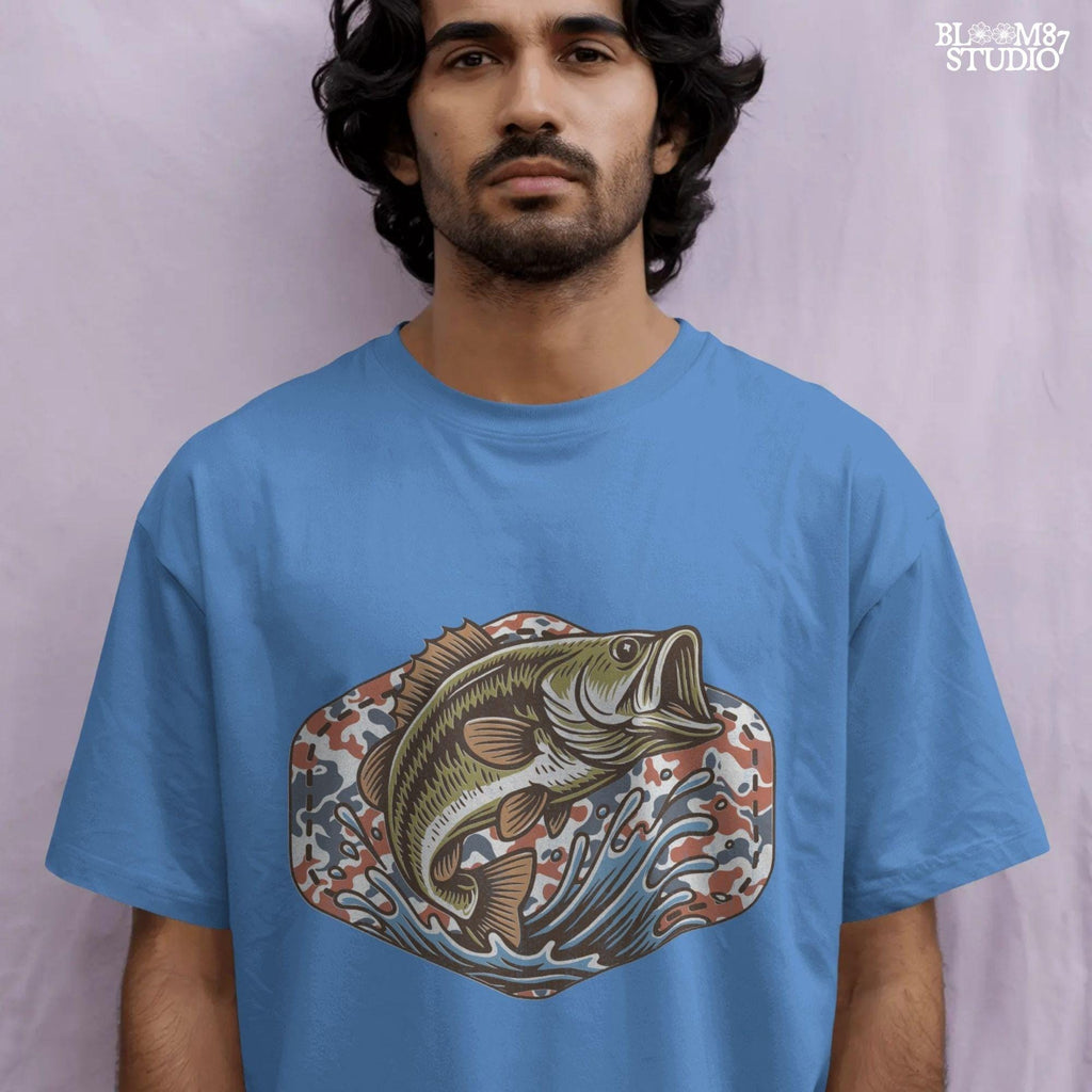 Illustration of a largemouth bass jumping from water with a red white and blue camo background, perfect for fishing-themed patriotic designs