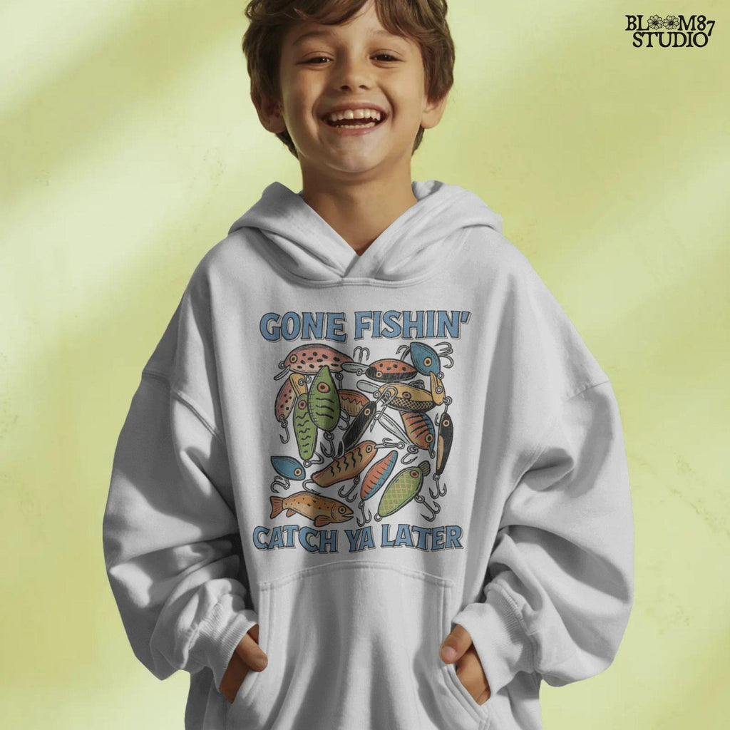 Vintage-style illustration of colorful fishing lures with the quote “Gone Fishin’ Catch Ya Later,” designed for sublimation and fisherman-themed projects.