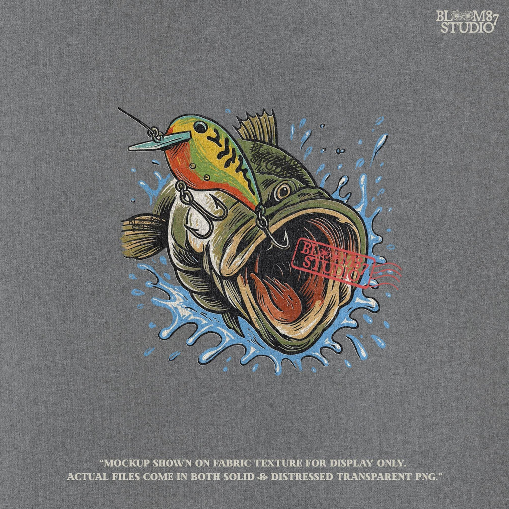 Illustration of a largemouth bass splashing out of the water with a crankbait lure in its mouth, designed for fishing-themed sublimation and angler apparel.