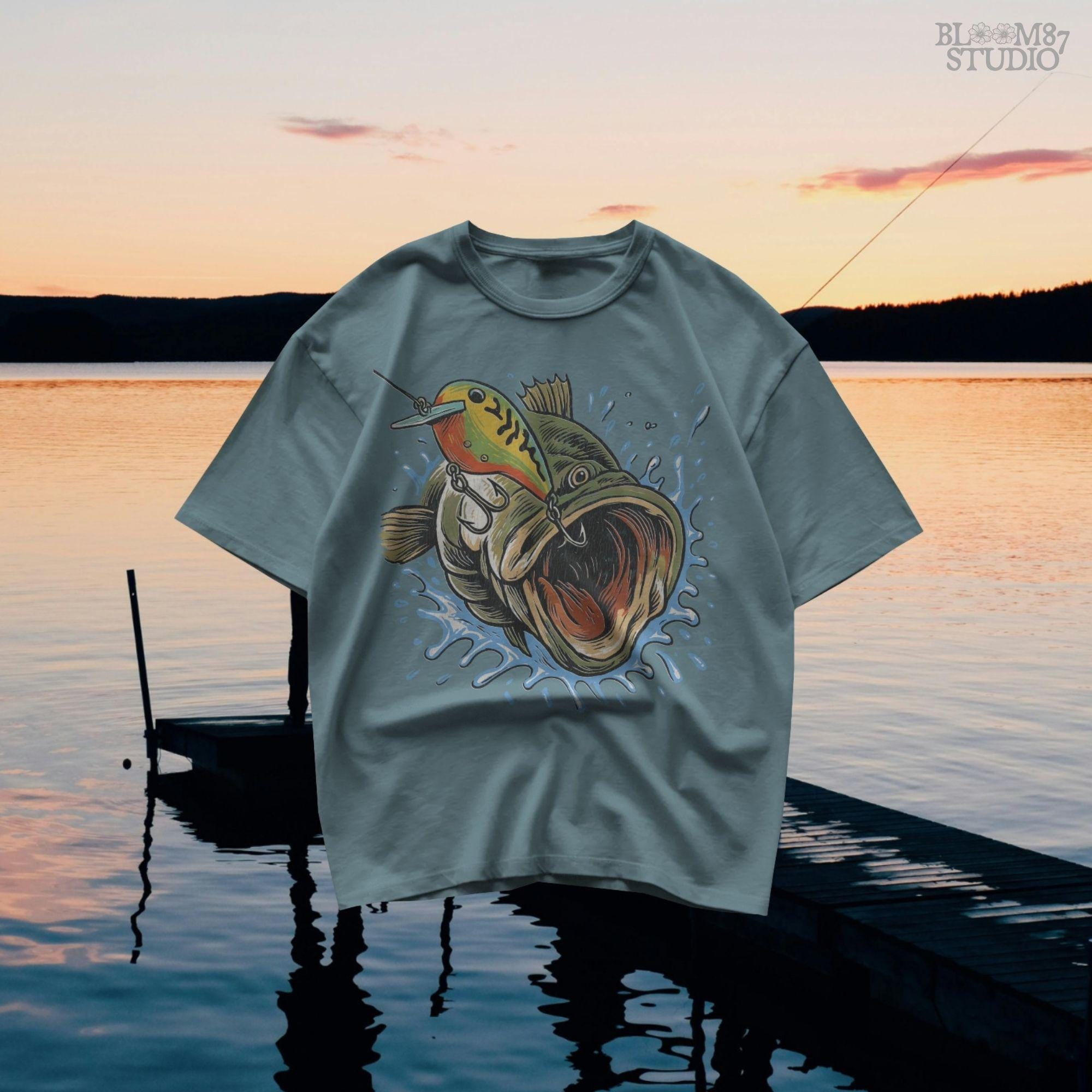 Illustration of a largemouth bass splashing out of the water with a crankbait lure in its mouth, designed for fishing-themed sublimation and angler apparel.