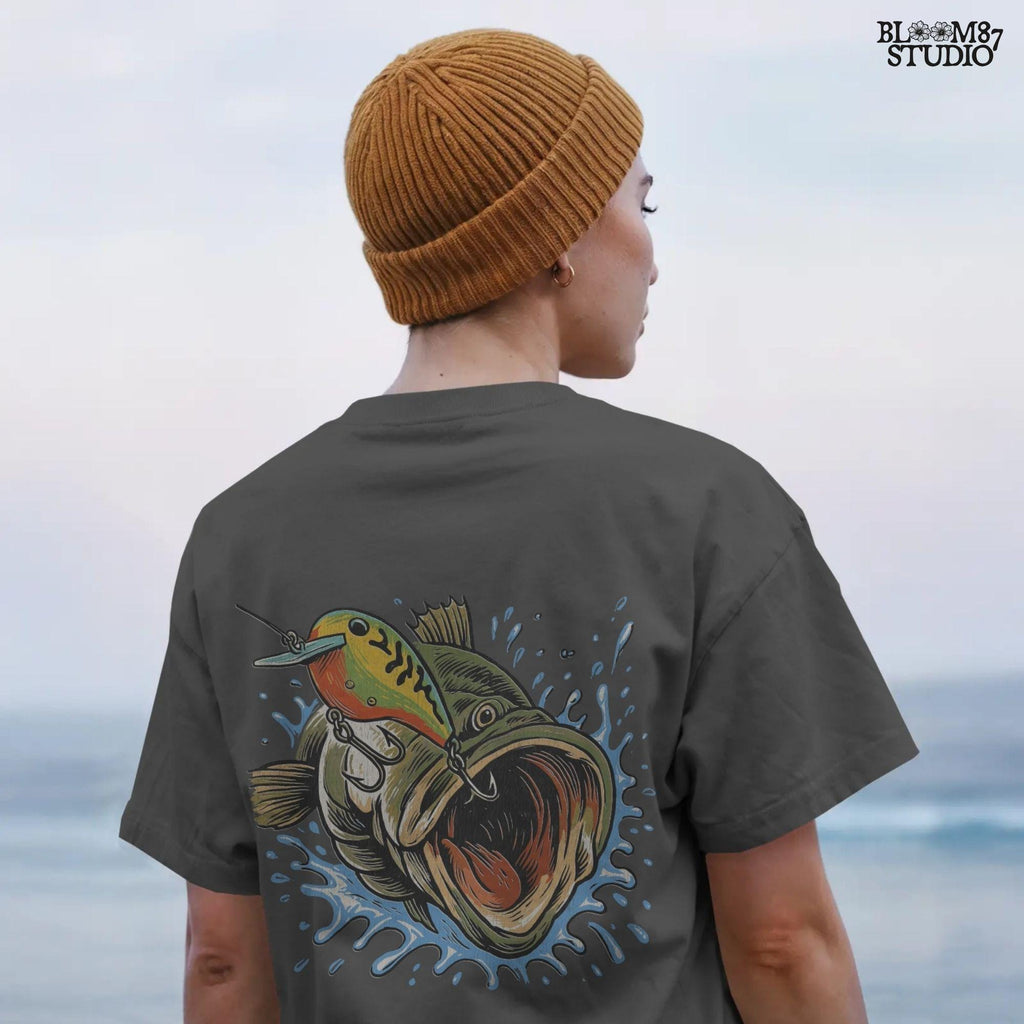 Illustration of a largemouth bass splashing out of the water with a crankbait lure in its mouth, designed for fishing-themed sublimation and angler apparel.