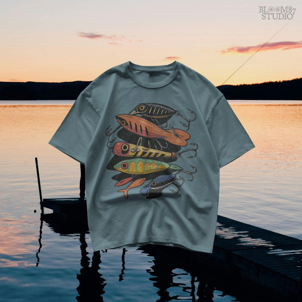 Vintage-style illustration of assorted colorful fishing lures including crankbaits and topwater baits, arranged in a collage, for sublimation and angler designs.