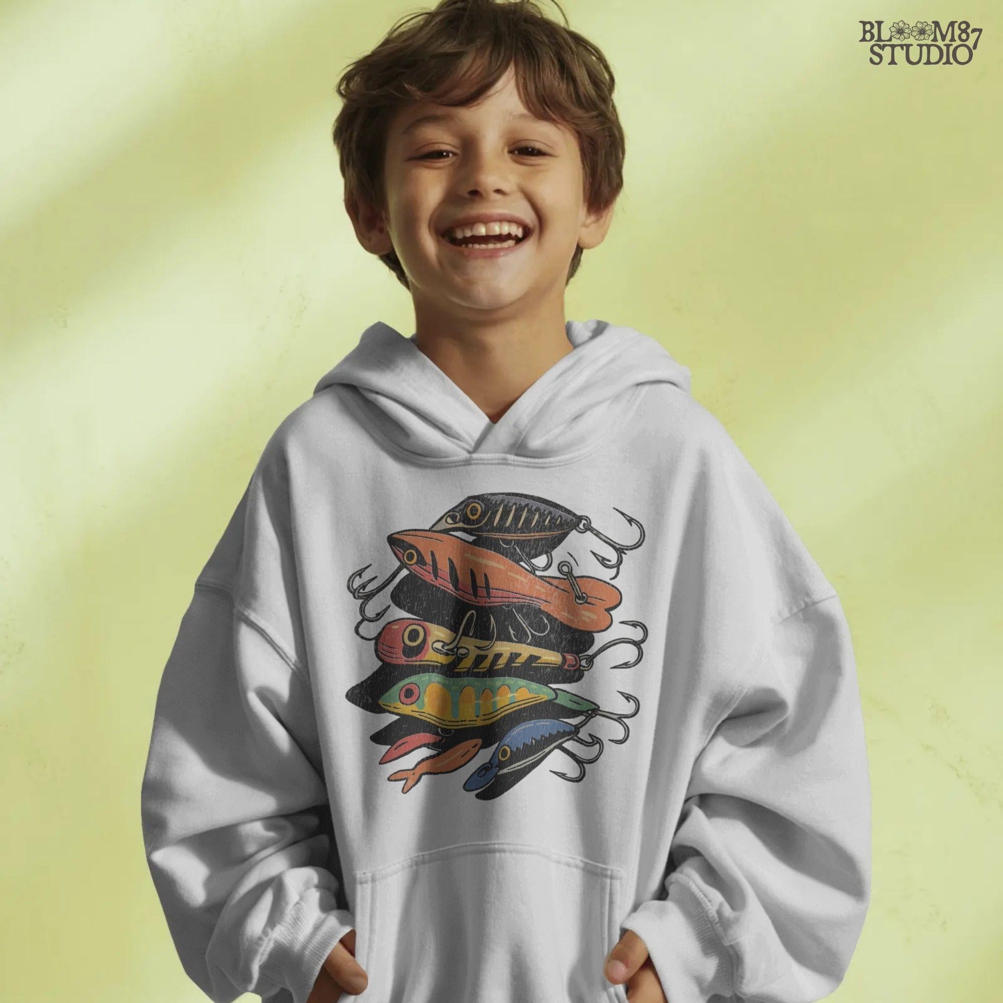 Vintage-style illustration of assorted colorful fishing lures including crankbaits and topwater baits, arranged in a collage, for sublimation and angler designs.