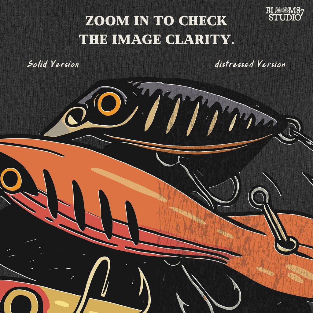 Vintage-style illustration of assorted colorful fishing lures including crankbaits and topwater baits, arranged in a collage, for sublimation and angler designs.