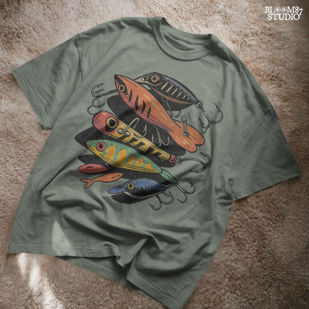 Vintage-style illustration of assorted colorful fishing lures including crankbaits and topwater baits, arranged in a collage, for sublimation and angler designs.