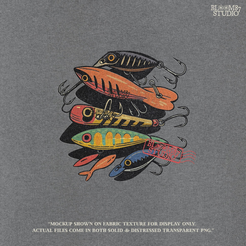 Vintage-style illustration of assorted colorful fishing lures including crankbaits and topwater baits, arranged in a collage, for sublimation and angler designs.
