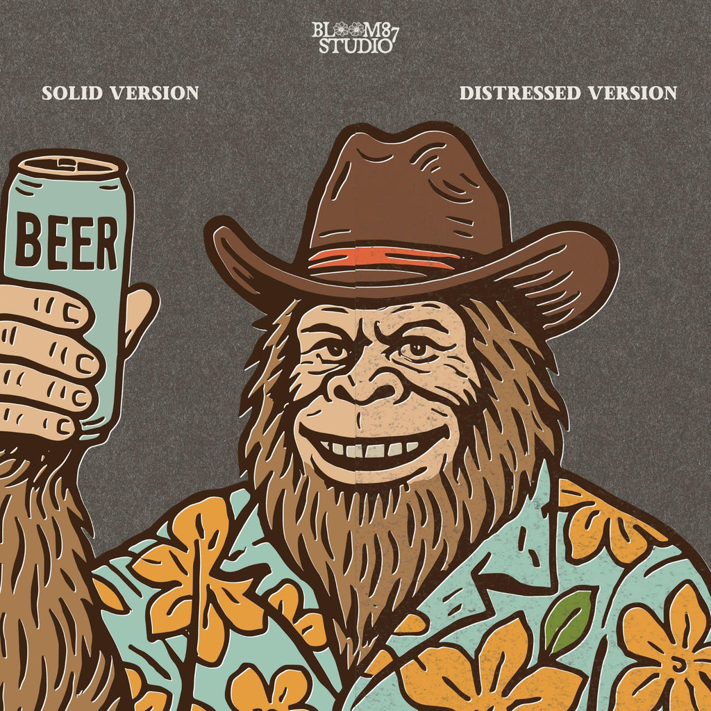 Retro cartoon Sasquatch in floral shirt holding a beer can with text “Don’t Be an Assquatch,” perfect for funny camping or summer designs