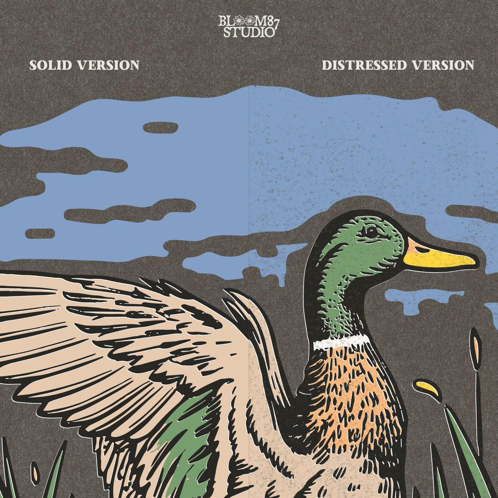 Vintage illustration of a mallard duck with wings spread standing in a pond with reeds and a cloudy blue sky – rustic nature sublimation PNG.