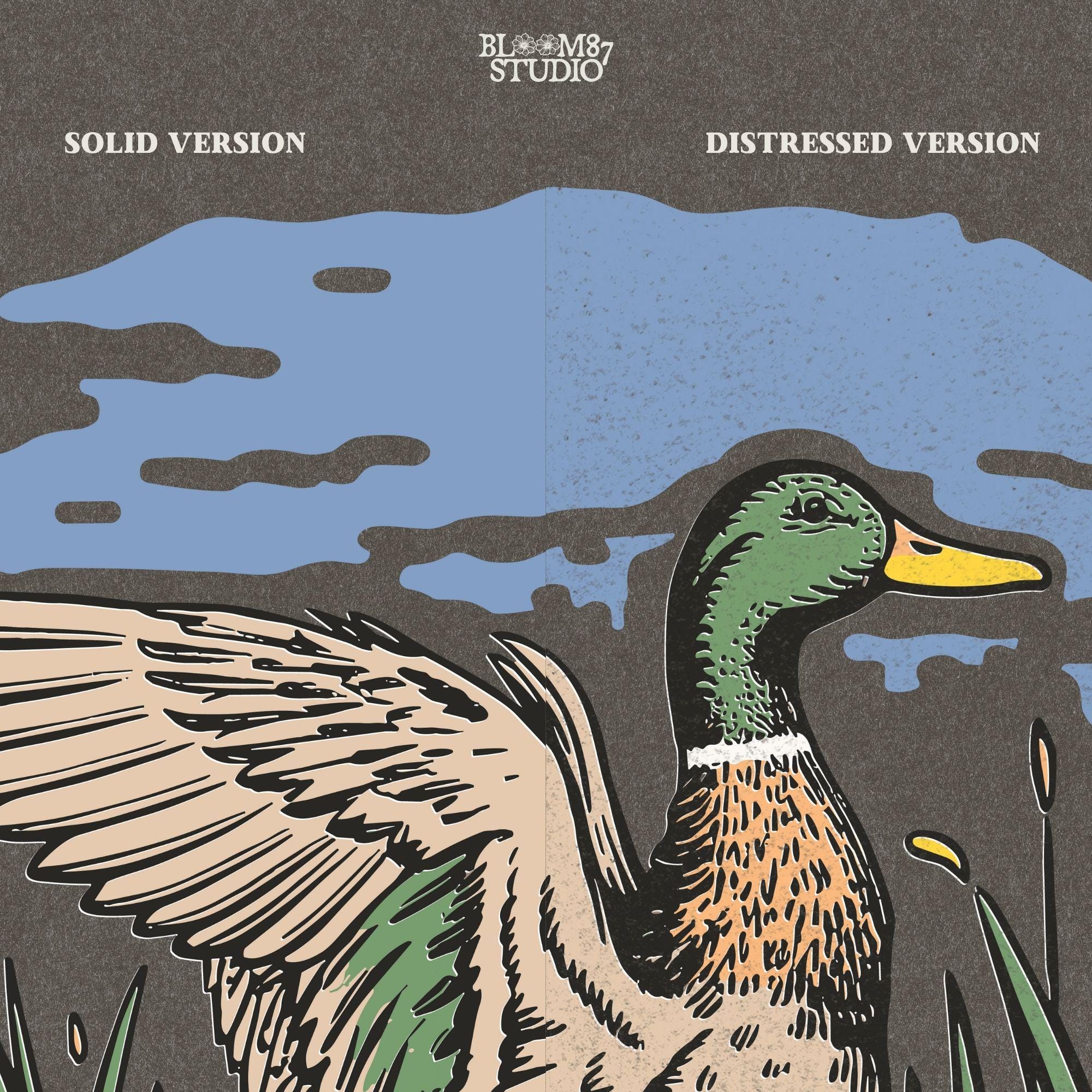 Vintage illustration of a mallard duck with wings spread standing in a pond with reeds and a cloudy blue sky – rustic nature sublimation PNG.