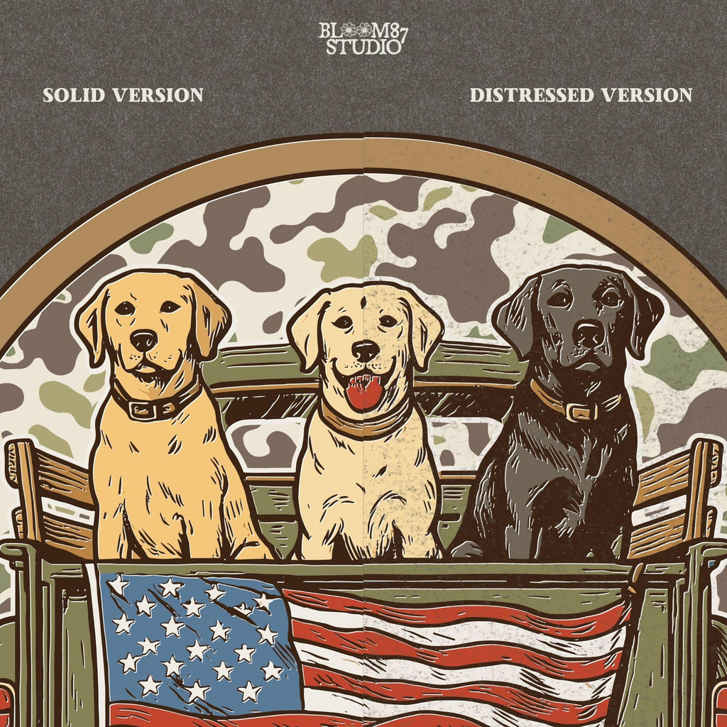 Three Labrador retrievers — yellow, chocolate, and black — sitting on the back of a green camouflage pickup truck with an American flag and the words “Local Boy” underneath.