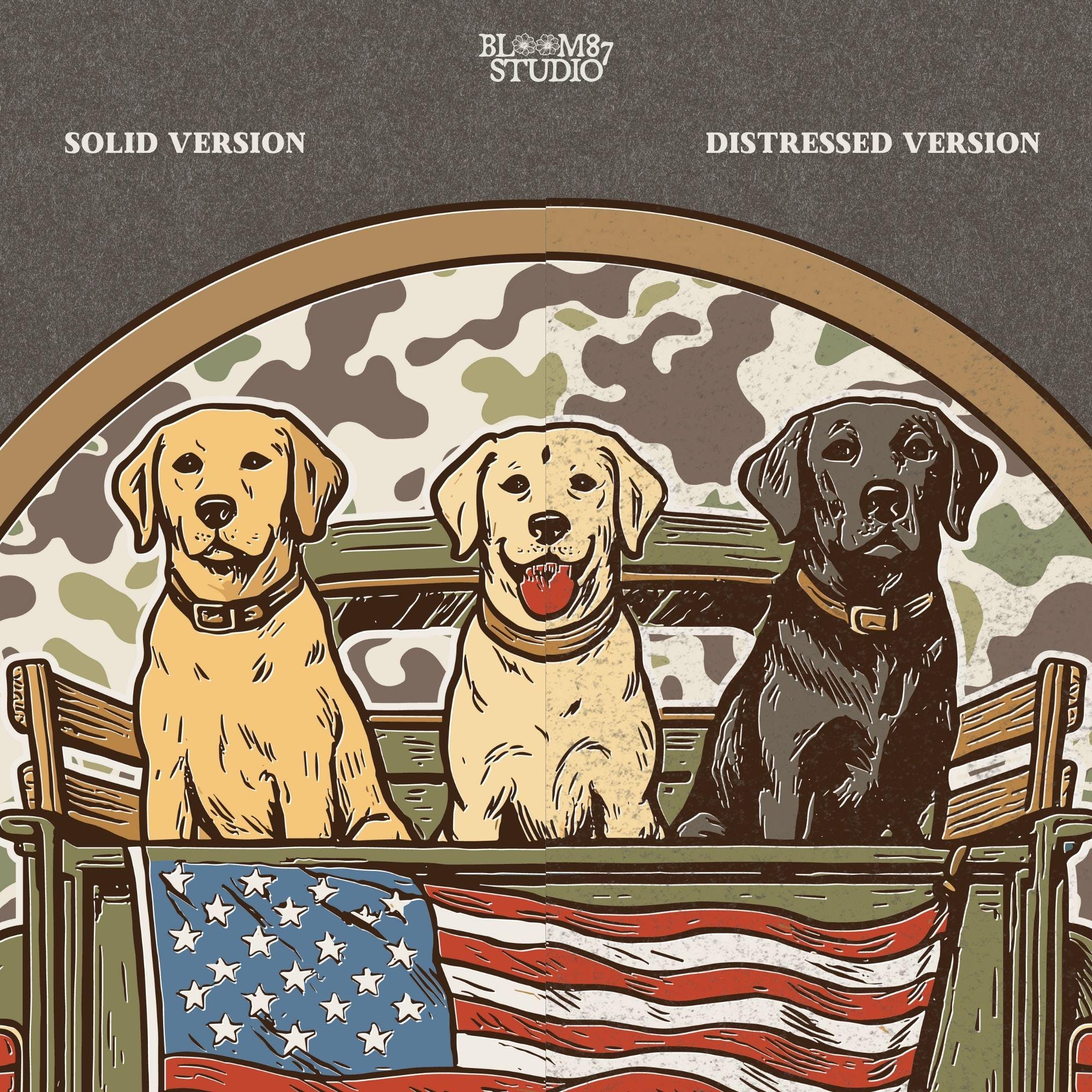 Three Labrador retrievers — yellow, chocolate, and black — sitting on the back of a green camouflage pickup truck with an American flag and the words “Local Boy” underneath.