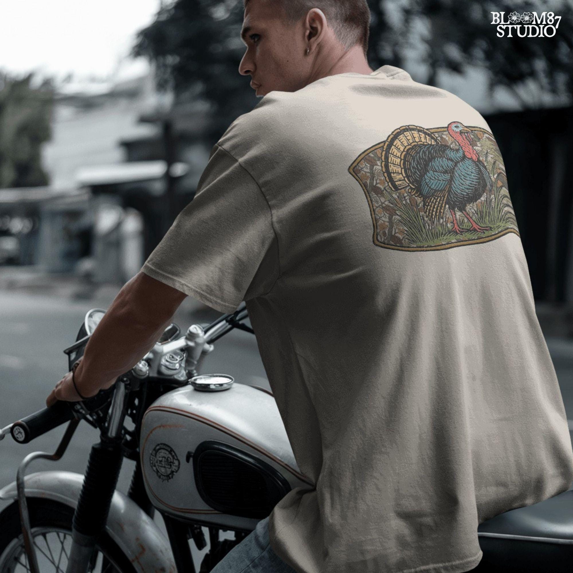 Illustration of a strutting wild turkey in front of a detailed fall camouflage background with brown and orange leaves, designed for sublimation on hunting shirts and Thanksgiving outdoor gear.