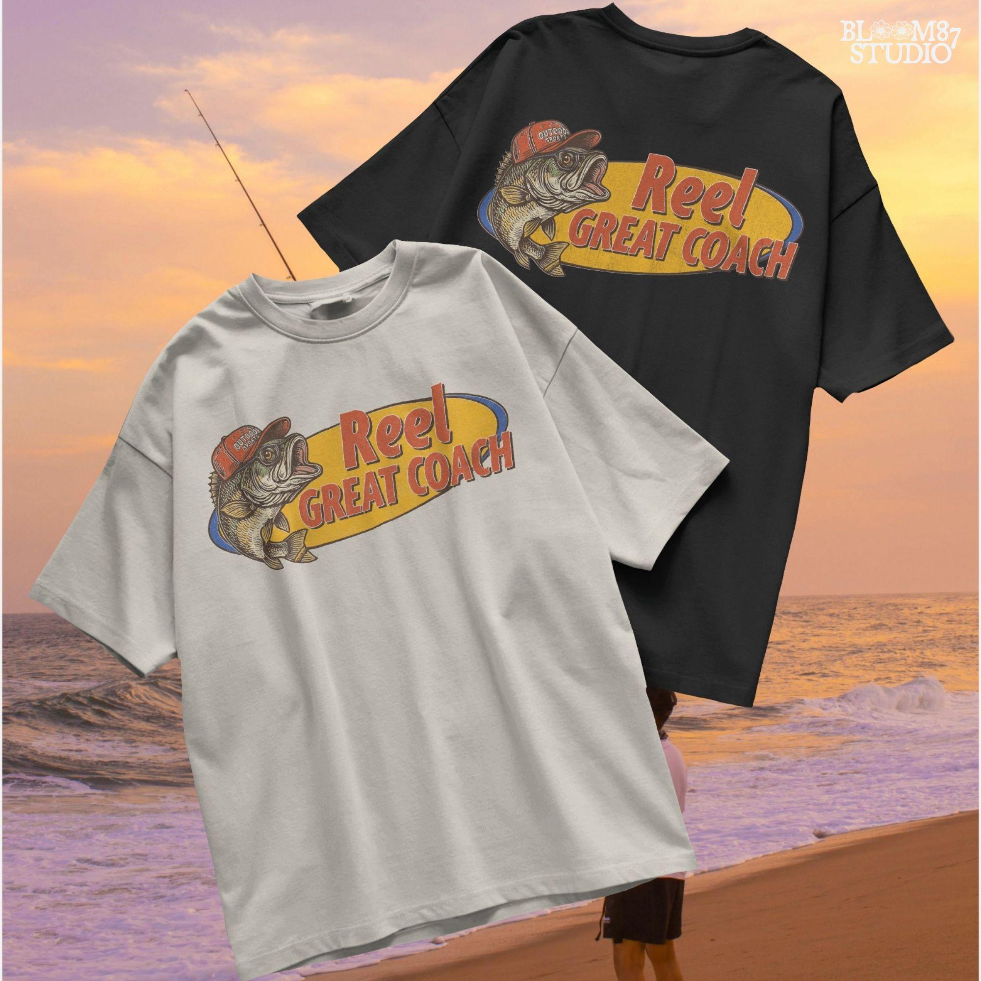 Vintage illustration of a largemouth bass wearing a red outdoor cap with the phrase “Reel Great Coach” in bold orange and yellow lettering, designed for sublimation on gifts and shirts.
