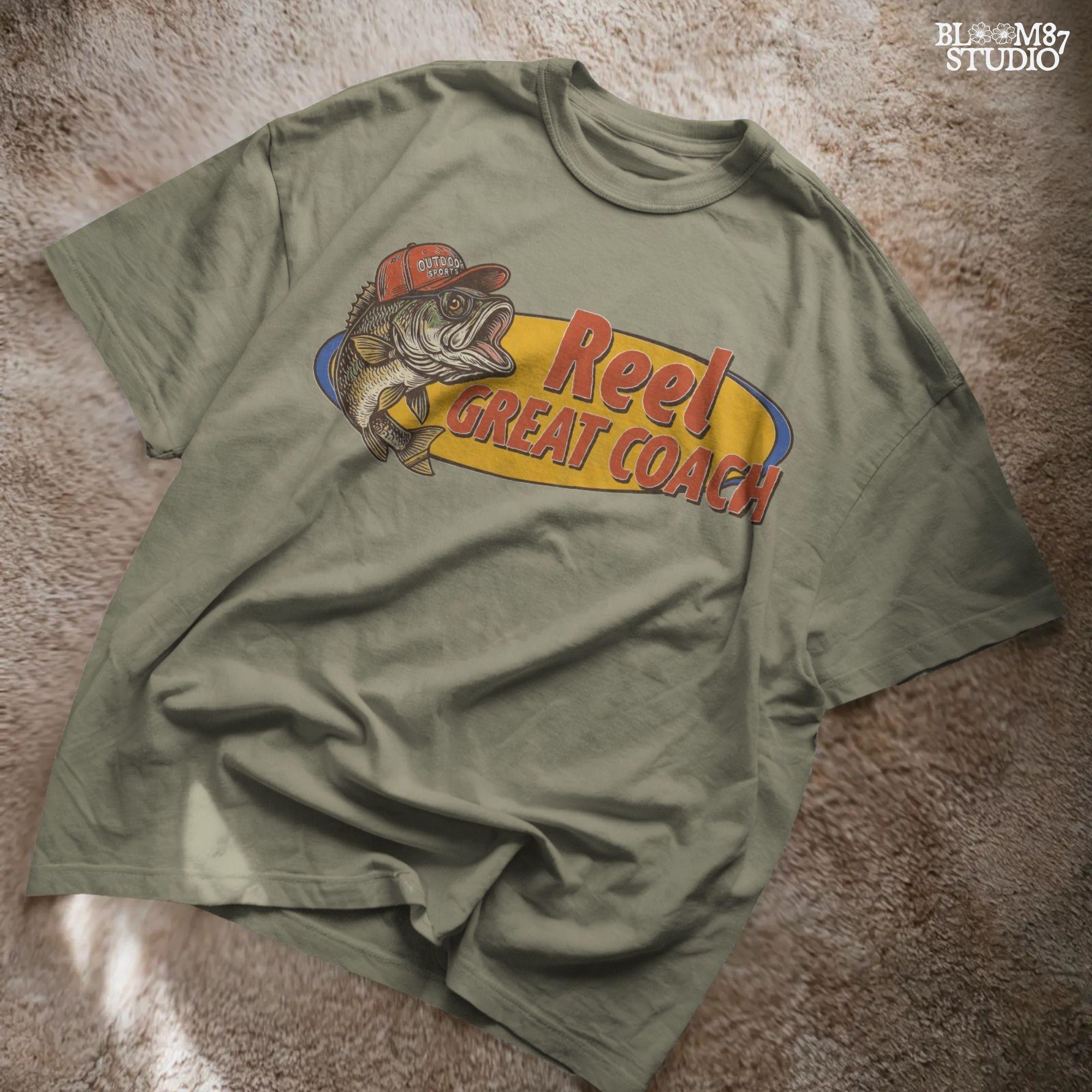 Vintage illustration of a largemouth bass wearing a red outdoor cap with the phrase “Reel Great Coach” in bold orange and yellow lettering, designed for sublimation on gifts and shirts.