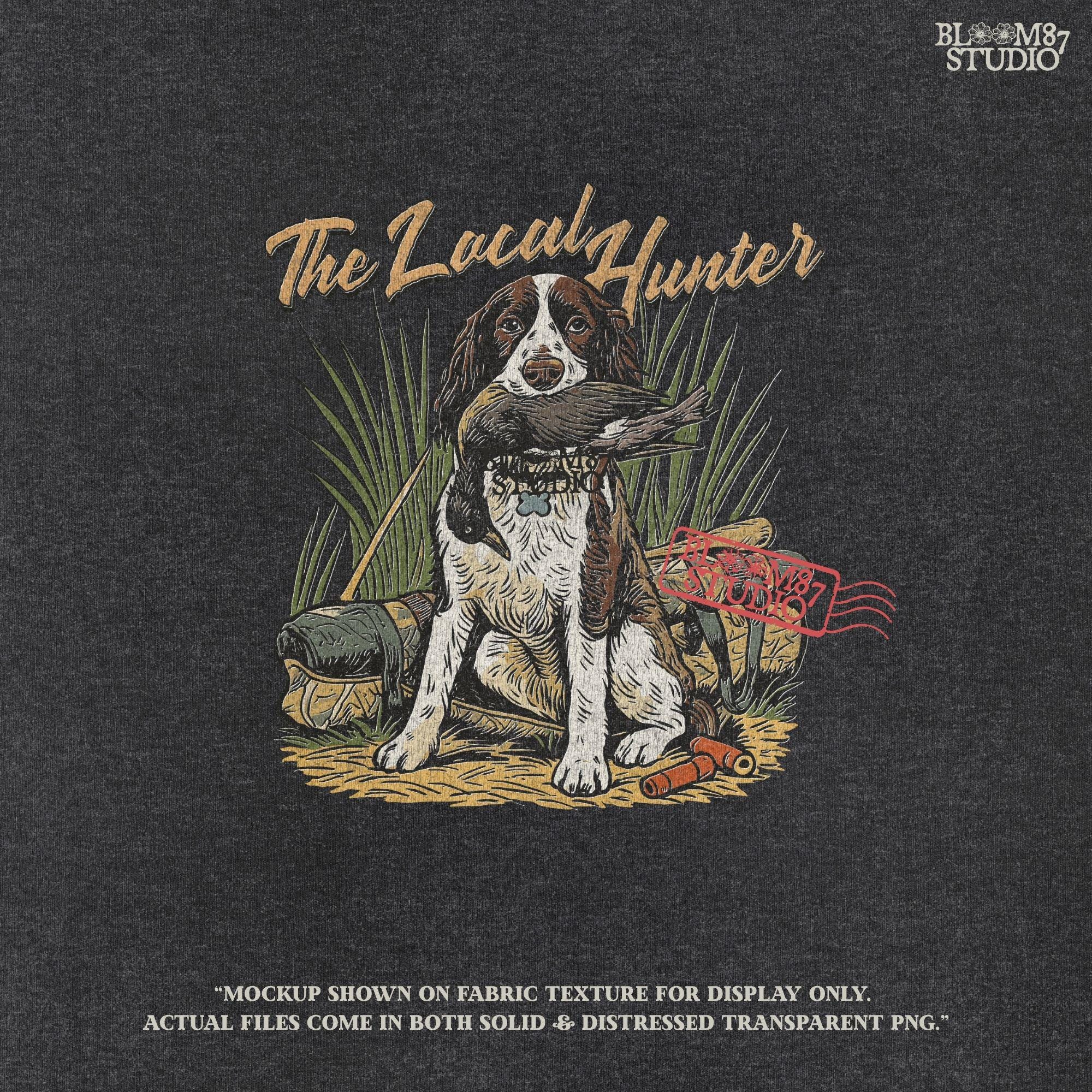 Vintage illustration of a Springer Spaniel hunting dog holding a duck in its mouth with grass, ammo, and hunting gear around, and the phrase “The Local Hunter” above.