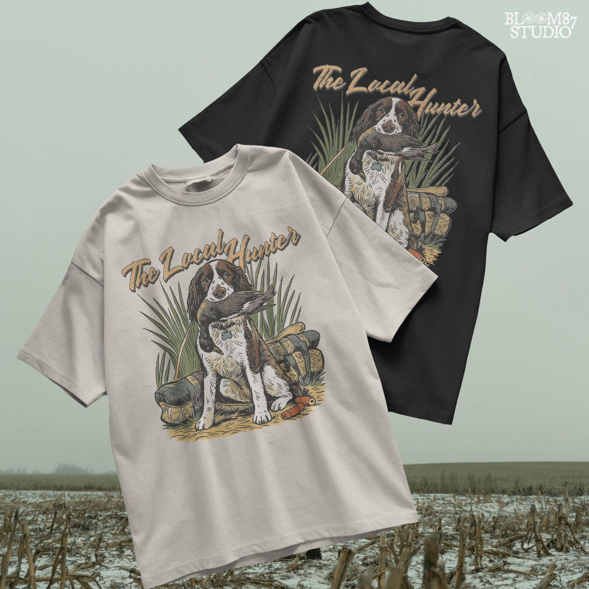 Vintage illustration of a Springer Spaniel hunting dog holding a duck in its mouth with grass, ammo, and hunting gear around, and the phrase “The Local Hunter” above.