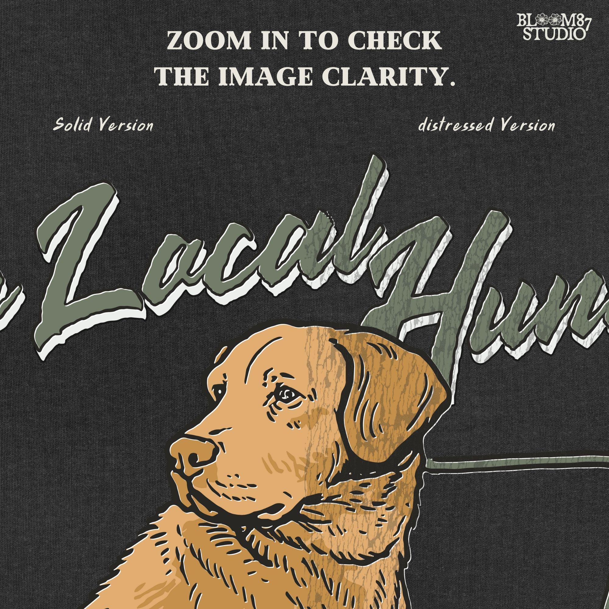 Vintage-style Labrador Retriever sitting in a duck boat with four mallards, text reads “The Local Hunter”, PNG for duck hunting apparel and sublimation.