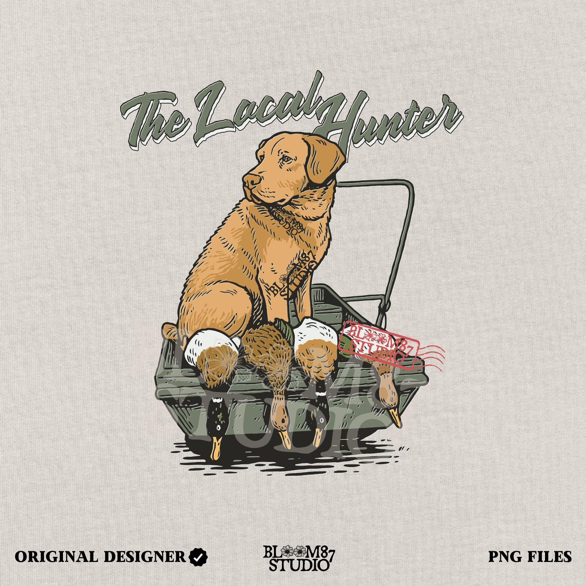 Vintage-style Labrador Retriever sitting in a duck boat with four mallards, text reads “The Local Hunter”, PNG for duck hunting apparel and sublimation.