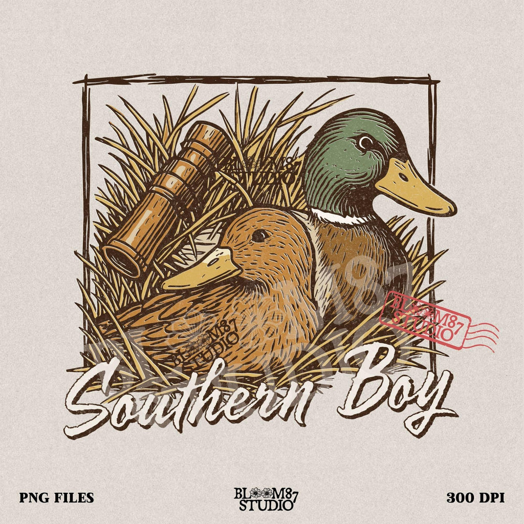 Vintage-style illustration of two mallard ducks in grass with a duck call and “Southern Boy” text – rustic duck hunting PNG for sublimation.
