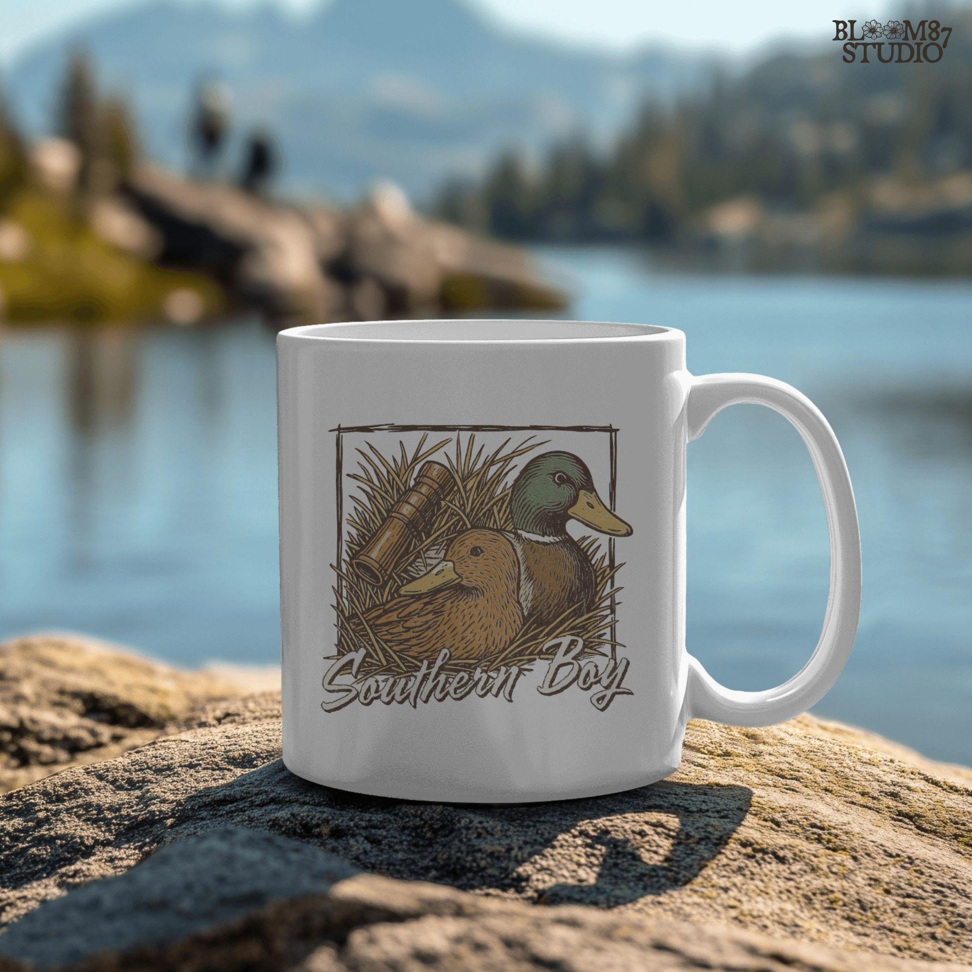 Vintage-style illustration of two mallard ducks in grass with a duck call and “Southern Boy” text – rustic duck hunting PNG for sublimation.