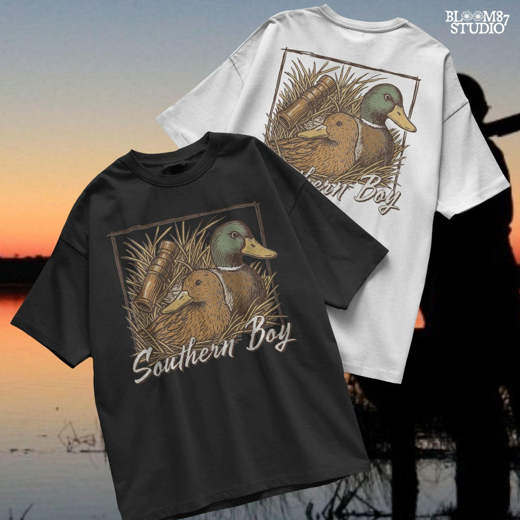Vintage-style illustration of two mallard ducks in grass with a duck call and “Southern Boy” text – rustic duck hunting PNG for sublimation.