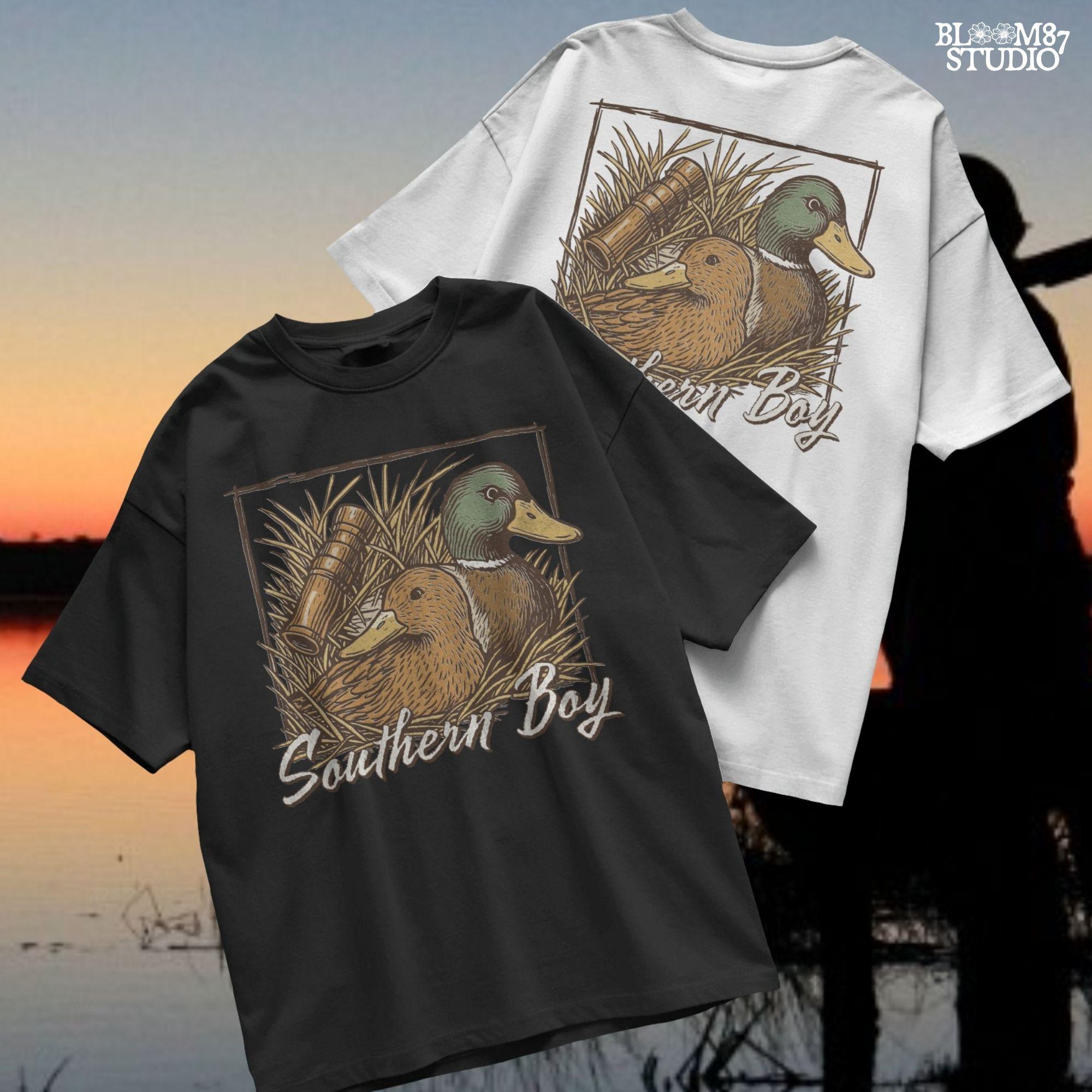 Vintage-style illustration of two mallard ducks in grass with a duck call and “Southern Boy” text – rustic duck hunting PNG for sublimation.