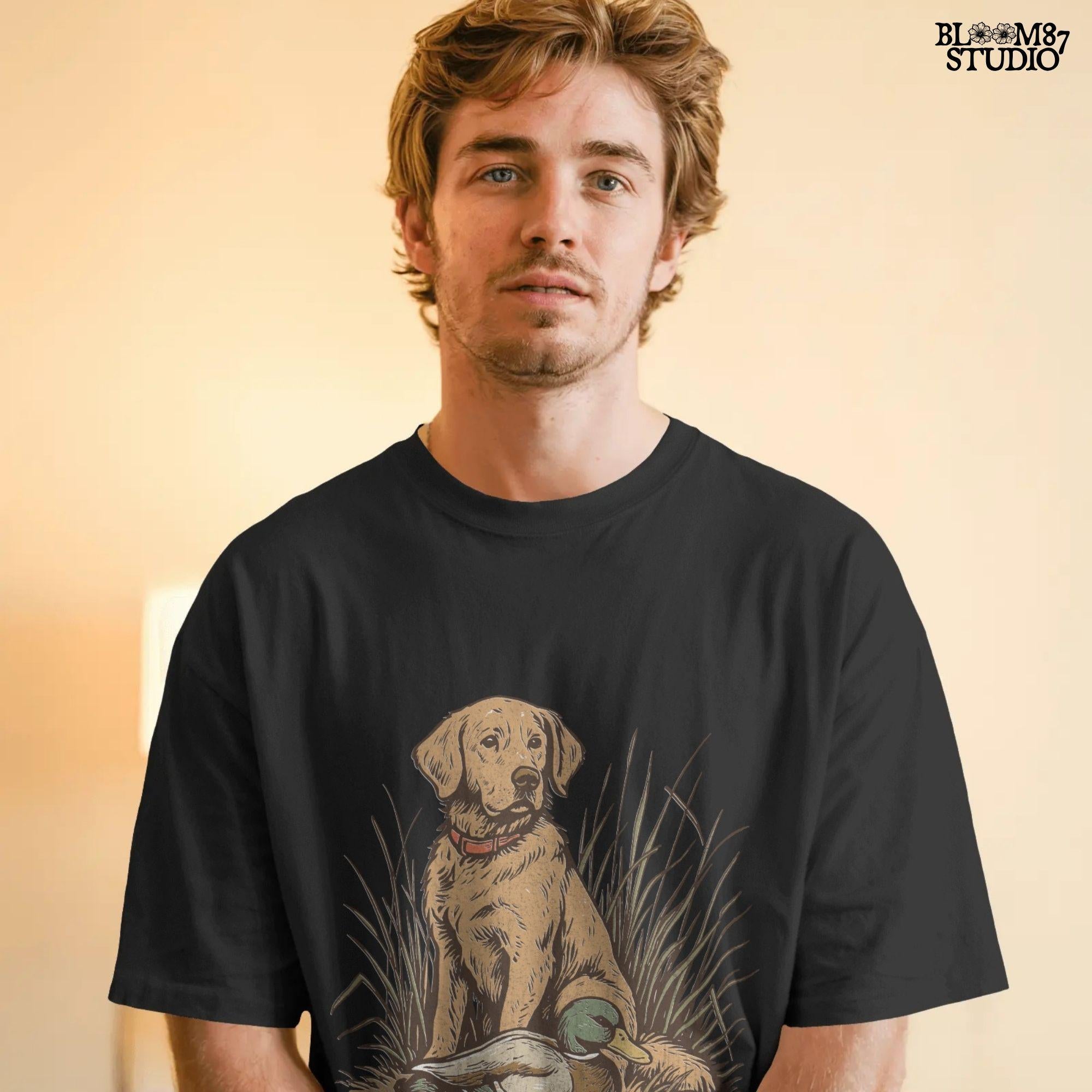 Vintage illustration of a golden Labrador Retriever sitting in grass beside a mallard duck – rustic hunting dog PNG for sublimation and crafts.