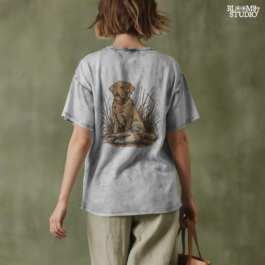 Vintage illustration of a golden Labrador Retriever sitting in grass beside a mallard duck – rustic hunting dog PNG for sublimation and crafts.