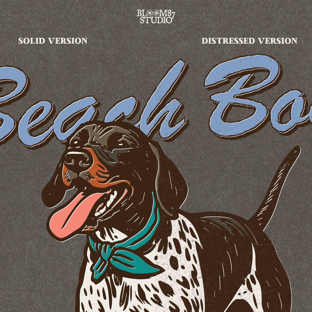 Vintage-style German Shorthaired Pointer standing on the beach with a buoy toy, text reads “Beach Boy – Raised on Waves and Whistles” – summer dog PNG.