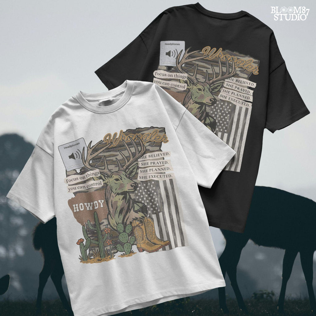Western collage PNG with deer, cowboy boots, cactus, camo flag, and hunting-themed quotes – sublimation design for faith-based country apparel and décor.