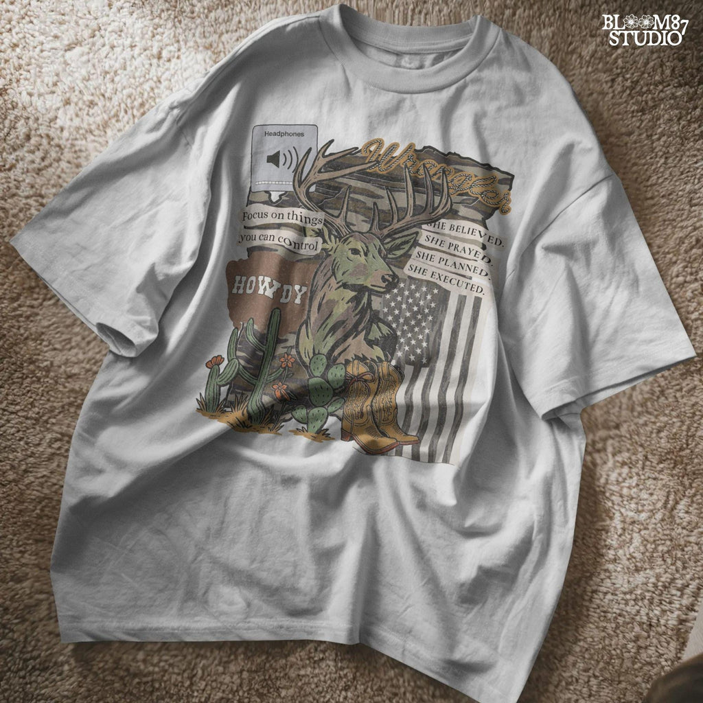 Western collage PNG with deer, cowboy boots, cactus, camo flag, and hunting-themed quotes – sublimation design for faith-based country apparel and décor.