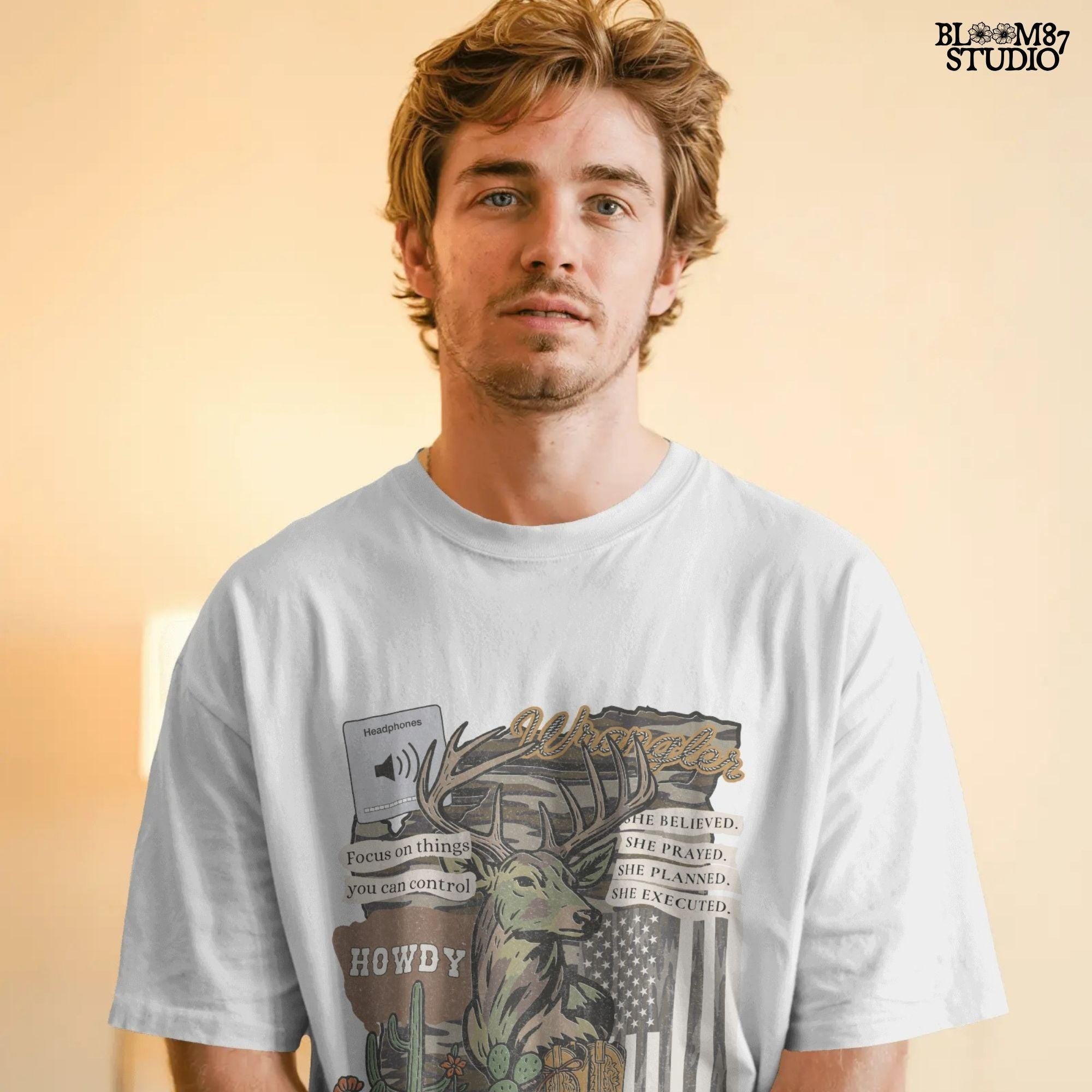 Western collage PNG with deer, cowboy boots, cactus, camo flag, and hunting-themed quotes – sublimation design for faith-based country apparel and décor.