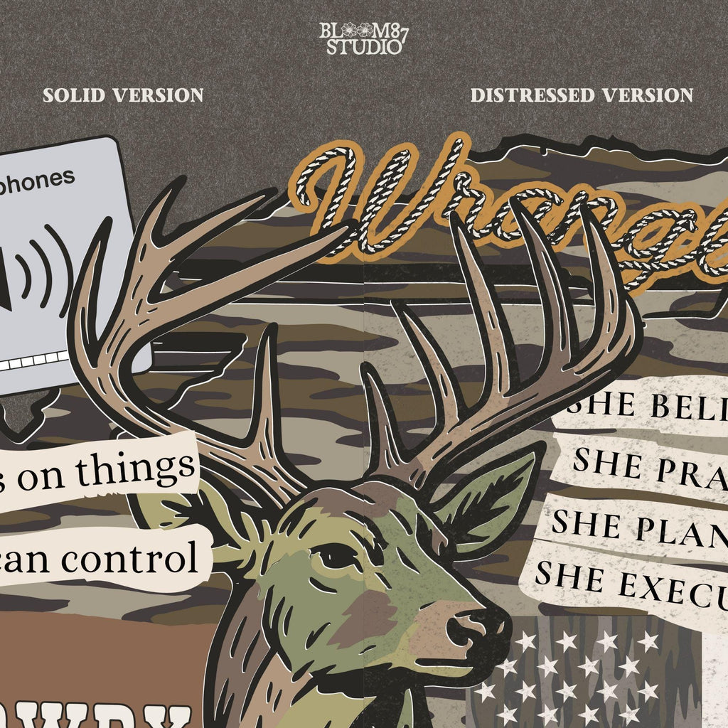 Western collage PNG with deer, cowboy boots, cactus, camo flag, and hunting-themed quotes – sublimation design for faith-based country apparel and décor.