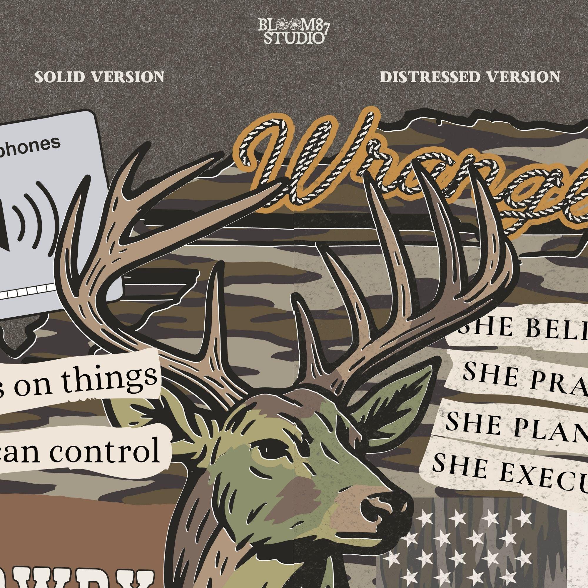 Western collage PNG with deer, cowboy boots, cactus, camo flag, and hunting-themed quotes – sublimation design for faith-based country apparel and décor.