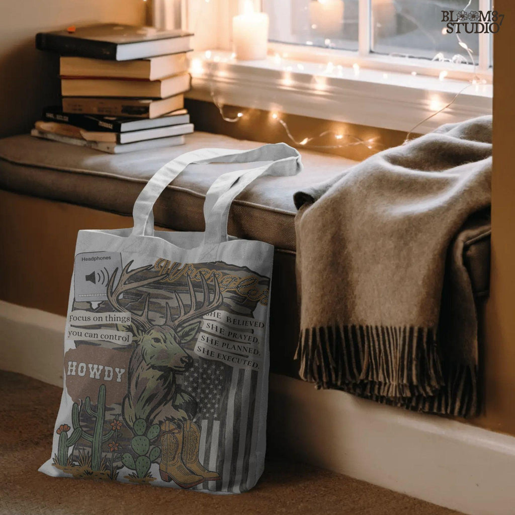 Western collage PNG with deer, cowboy boots, cactus, camo flag, and hunting-themed quotes – sublimation design for faith-based country apparel and décor.