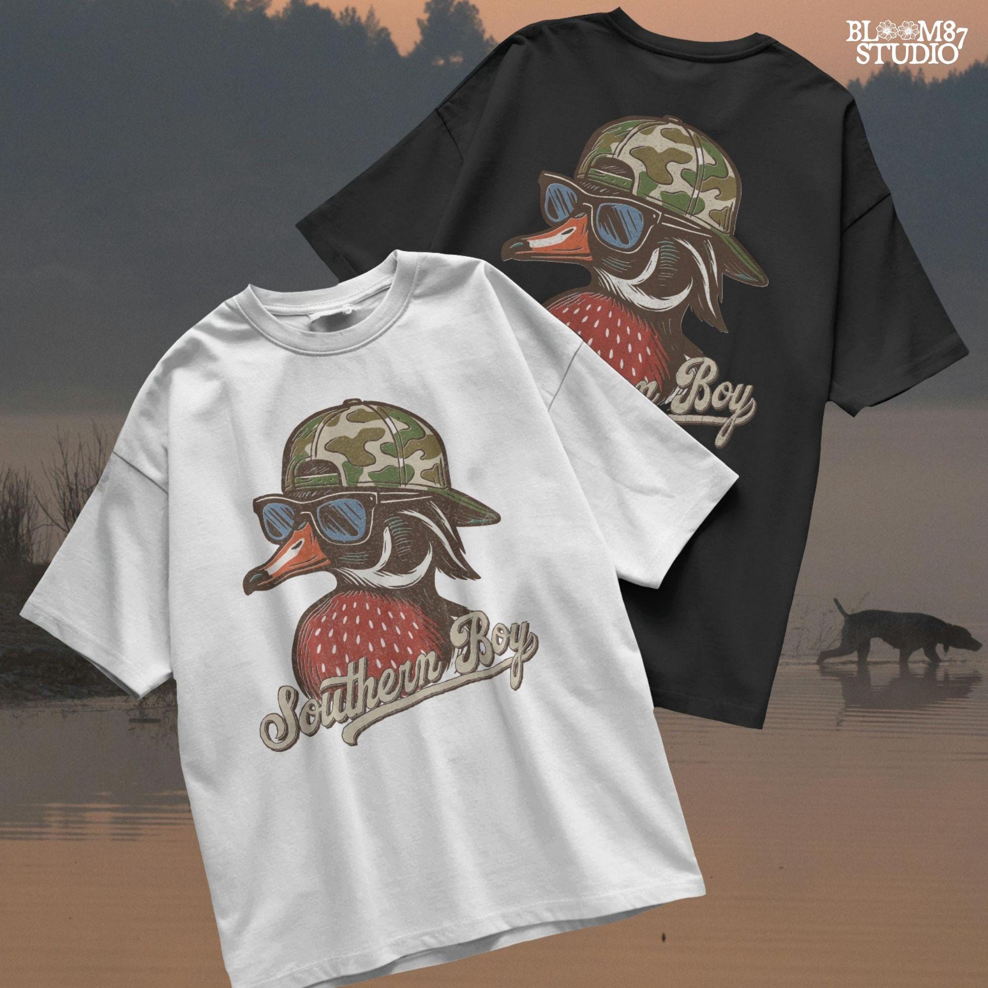 Funny Southern-style duck wearing a camo cap and sunglasses, text reads “Southern Boy” – sublimation PNG for hunting or country-themed apparel.