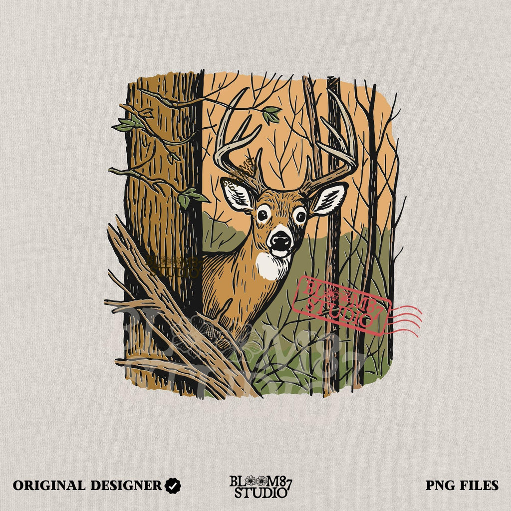 Vintage-style illustration of a buck deer peeking from behind a tree in a forest, designed for hunting season or rustic wildlife sublimation projects.