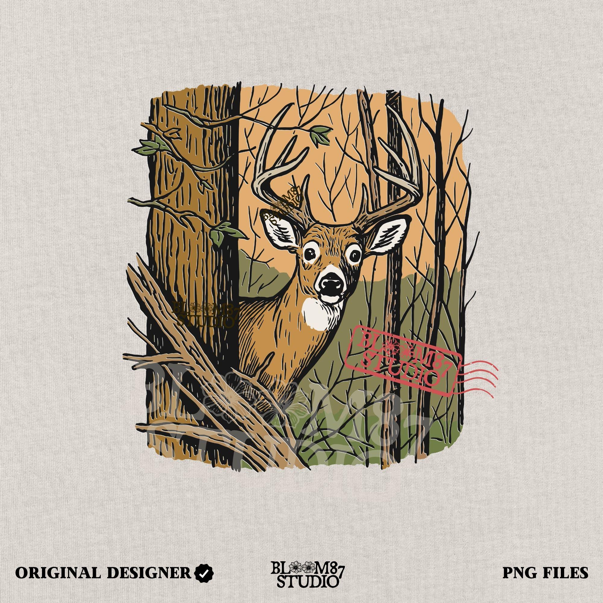 Vintage-style illustration of a buck deer peeking from behind a tree in a forest, designed for hunting season or rustic wildlife sublimation projects.