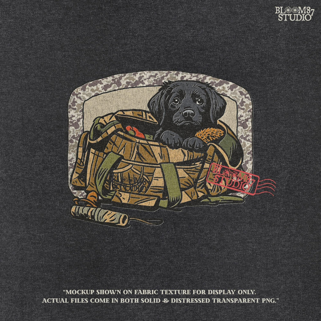 Black Labrador puppy in a camo hunting bag, framed in camouflage pattern, ideal for waterfowl and duck hunting sublimation art.