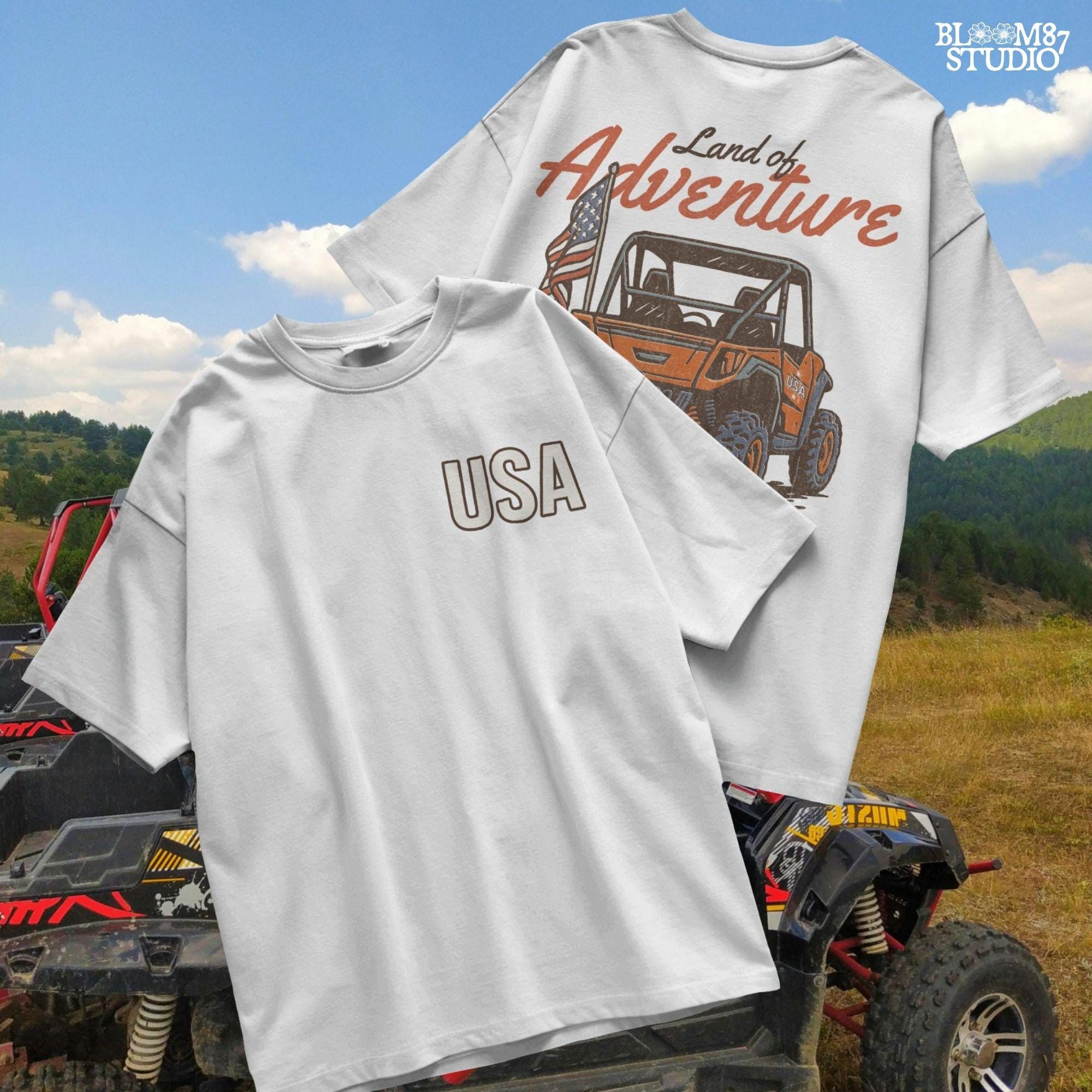 Off-road UTV with American flag driving on a dirt trail, text reads “Land of Adventure” – patriotic outdoor sublimation PNG design.
