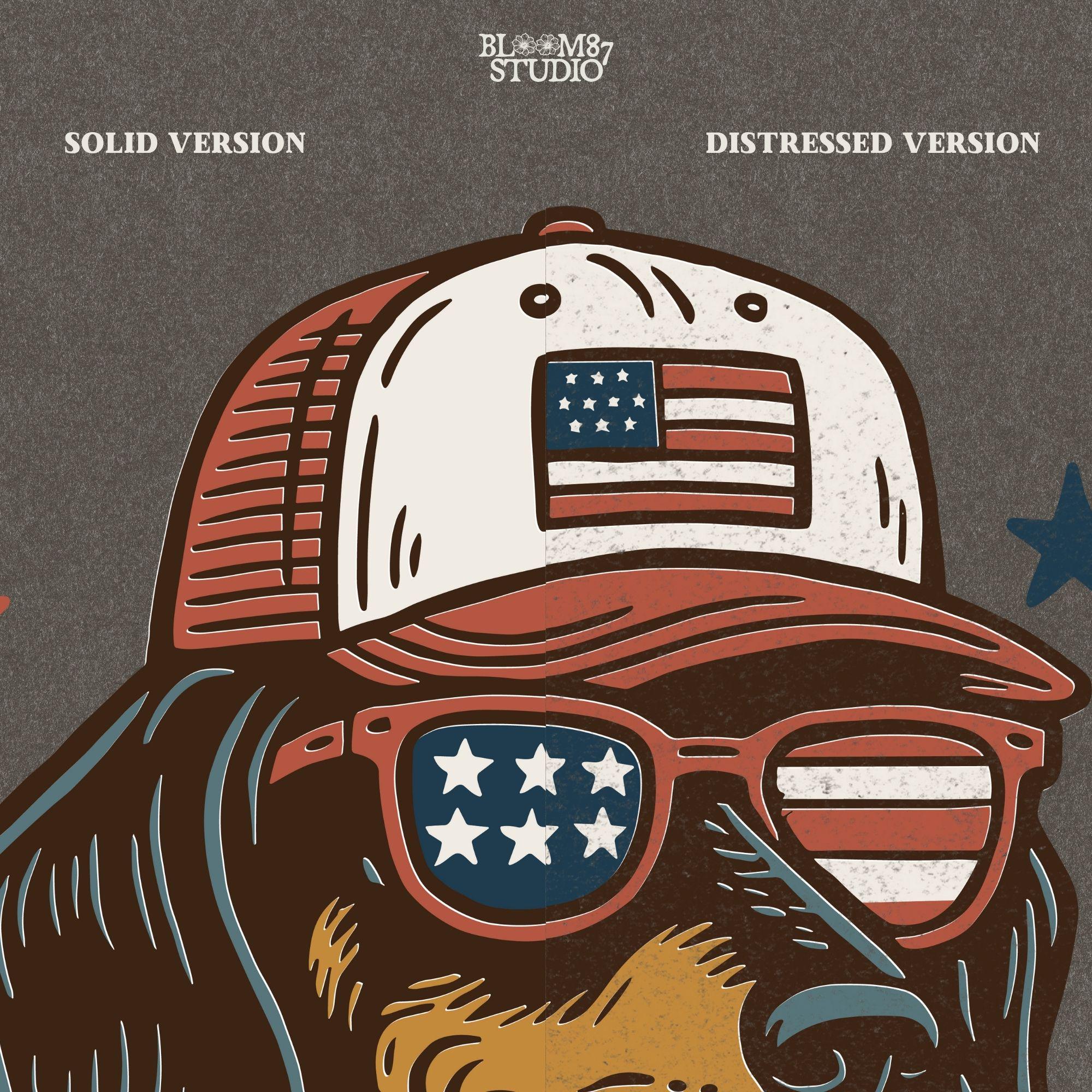 Dachshund dog wearing USA flag hat, sunglasses, and bandana – patriotic 4th of July PNG design for dog lovers and sublimation crafts.