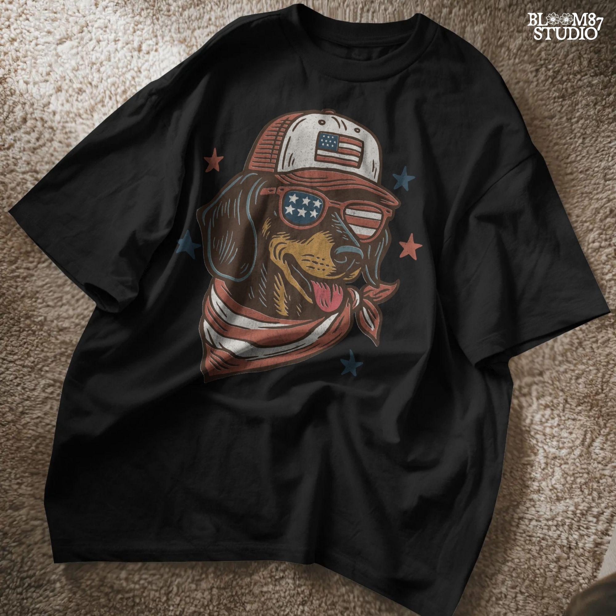 Dachshund dog wearing USA flag hat, sunglasses, and bandana – patriotic 4th of July PNG design for dog lovers and sublimation crafts.