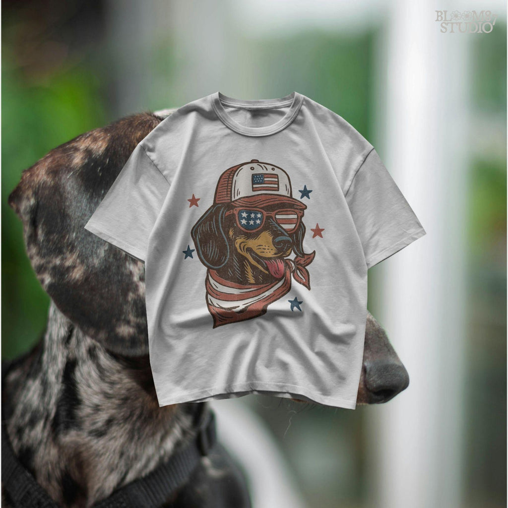 Dachshund dog wearing USA flag hat, sunglasses, and bandana – patriotic 4th of July PNG design for dog lovers and sublimation crafts.