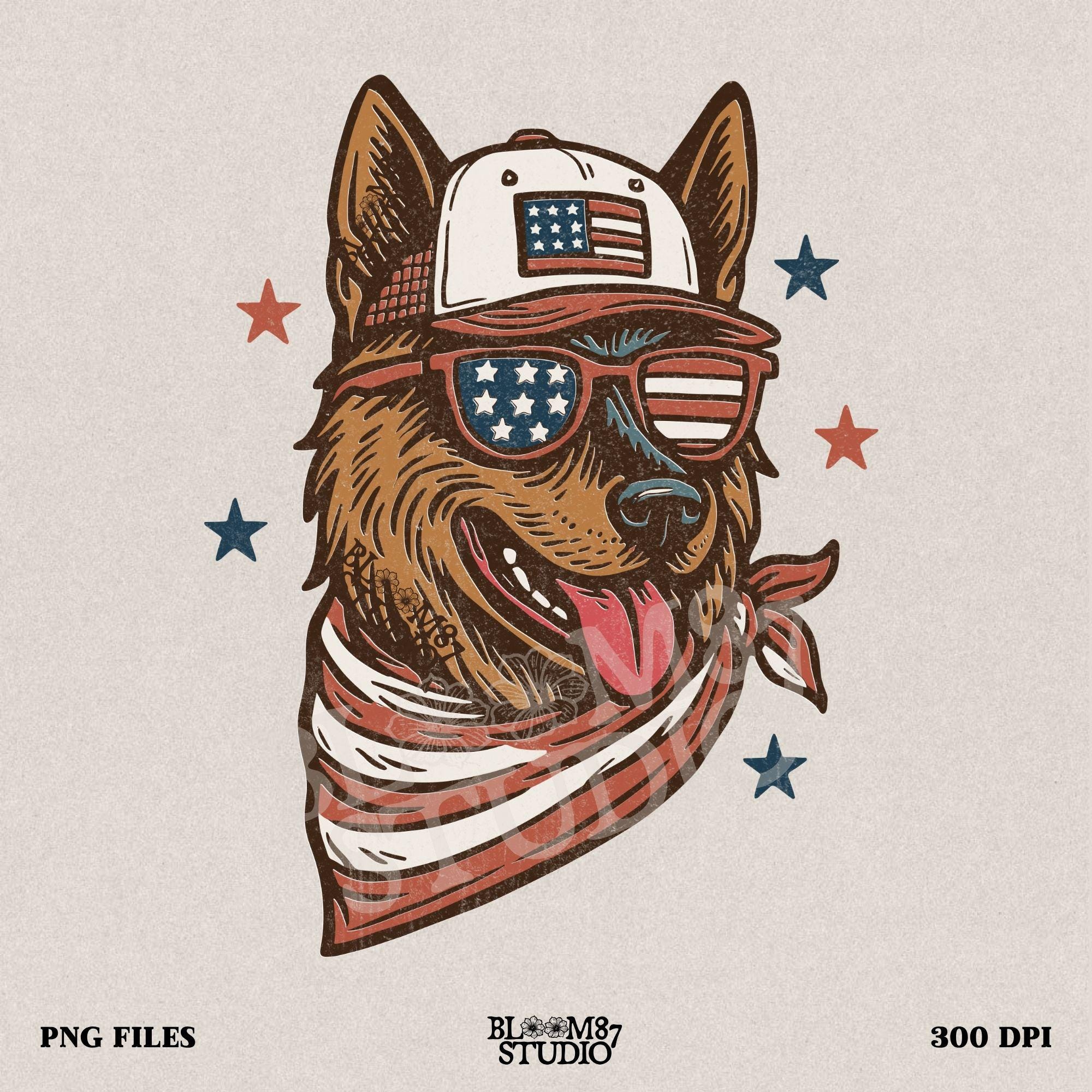 German Shepherd dog wearing patriotic USA flag hat, sunglasses, and bandana – 4th of July sublimation design for dog lovers and summer merch.