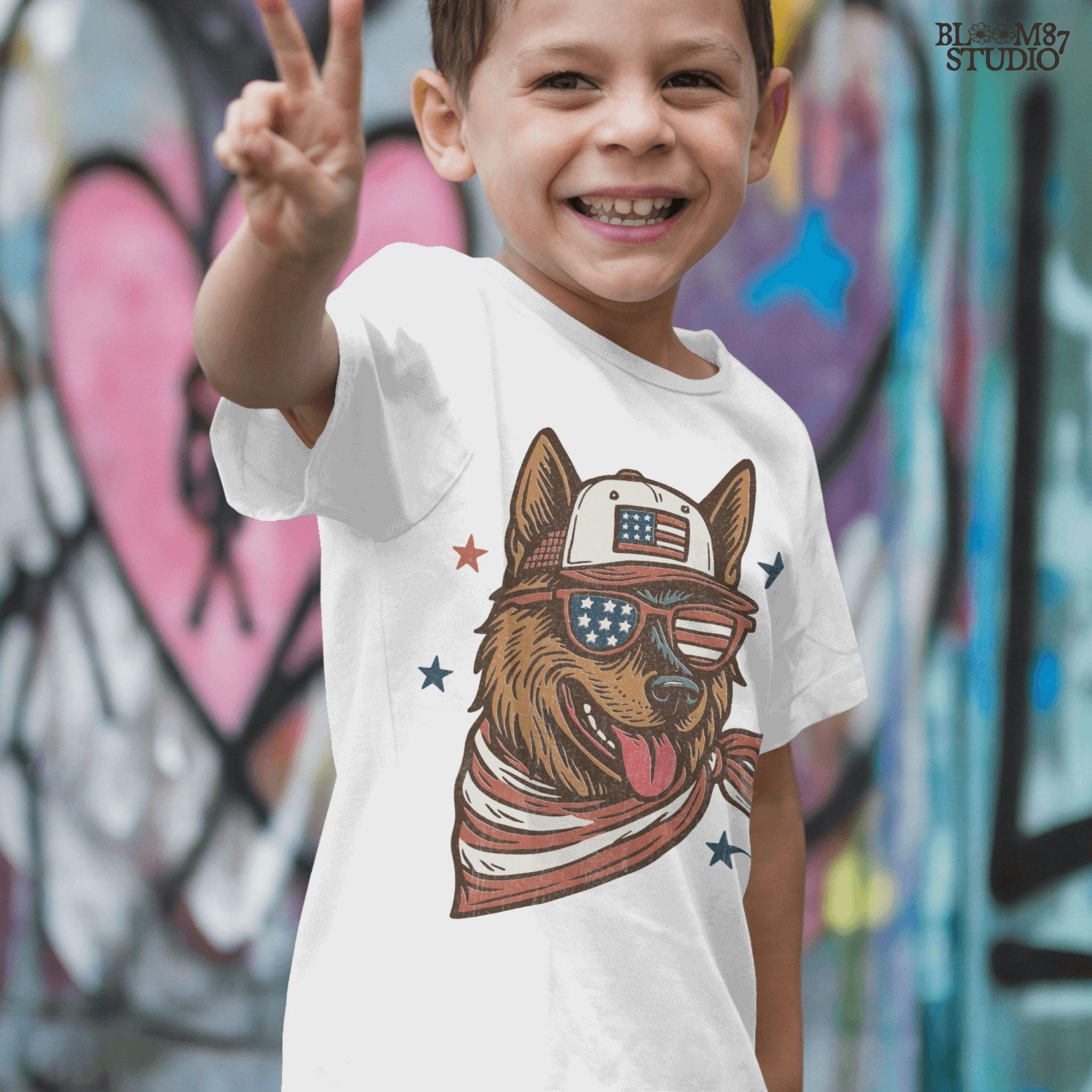 German Shepherd dog wearing patriotic USA flag hat, sunglasses, and bandana – 4th of July sublimation design for dog lovers and summer merch.